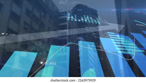 Image of financial data and statistics processing with arrow over city background. world business, finance and data processing concept digitally generated image.