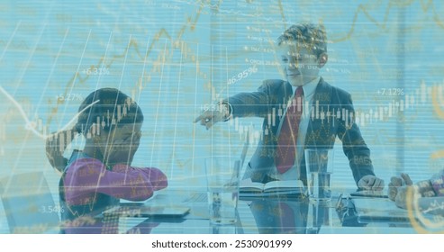 Image of financial digital data processing over children at business meeting, boy standing and pointing. Education business social media network interface concept digital composite. - Powered by Shutterstock