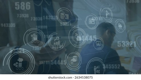 Image of financial falling icons over person using smartphone. Global business, finances, digital interface and connections concept digitally generated image.