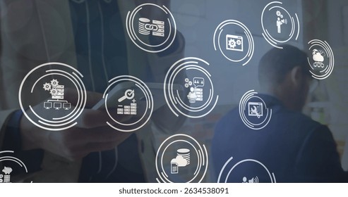 Image of financial falling icons over person using smartphone. Global business, finances, digital interface and connections concept digitally generated image.