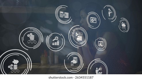 Image of financial falling icons over women drinking coffee. Global business, finances, digital interface and connections concept digitally generated image.