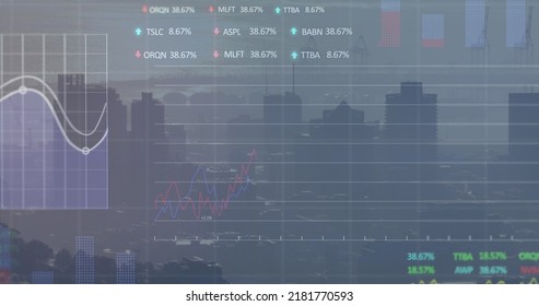 Image of financial graph and data processing over cityscape. Global business, finances, data processing and digital interface concept digitally generated image.