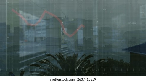 Image of financial graph and data processing over cityscape. Global business, finances, data processing and digital interface concept digitally generated image.