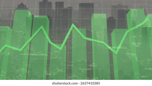 Image of financial graph and data processing over cityscape. Global business, finances, data processing and digital interface concept digitally generated image.