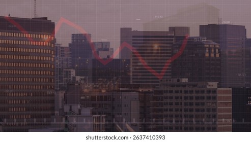 Image of financial graph and data processing over cityscape. Global business, finances, data processing and digital interface concept digitally generated image.
