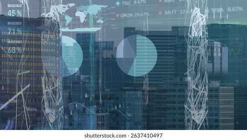 Image of financial graph and data processing over cityscape. Global business, finances, data processing and digital interface concept digitally generated image.