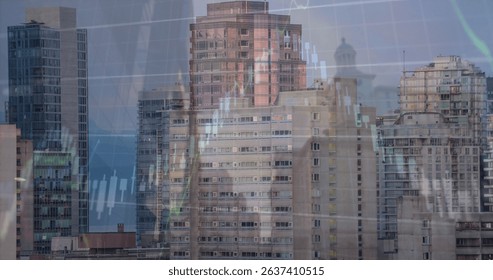 Image of financial graph and data processing over cityscape. Global business, finances, data processing and digital interface concept digitally generated image.