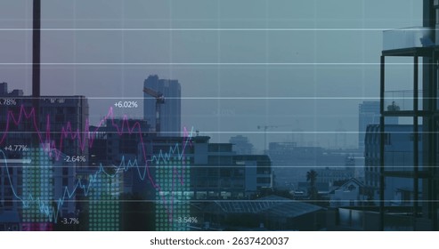Image of financial graph and data processing over cityscape. Global business, finances, data processing and digital interface concept digitally generated image.