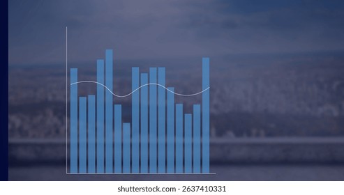 Image of financial graph over cityscape. Global business, finances, data processing and digital interface concept digitally generated image.