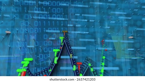 Image of financial graph over data processing. Global science, connections, data processing and digital interface concept digitally generated image.