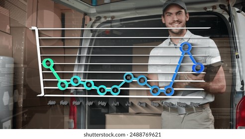 Image of financial graph over delivery man next to a car. Global business, finances, connections, technology, data processing and digital interface concept digitally generated image. - Powered by Shutterstock - Get 15% off with code: PIKWIZARD15