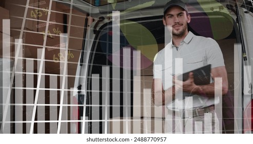 Image of financial graph over delivery man next to a car. Global business, finances, connections, technology, data processing and digital interface concept digitally generated image.