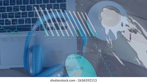 Image of financial graph over laptop on desk. Global business, connections, data processing and digital interface concept digitally generated image.
