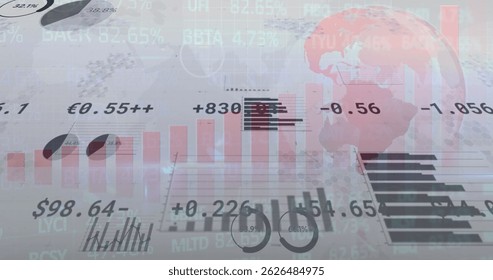 Image of financial graphs and changing numbers on grey background. global business, finance, economy and technology concept digitally generated image.