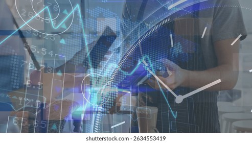 Image of financial graphs and clock hands of caucasian men using wireless payments. Business, finance and new technology concept digitally generated image. - Powered by Shutterstock - Get 15% off with code: PIKWIZARD15