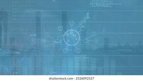 Image of financial graphs and data over navy digital screen with globe and cityscape. Global finance, economy and technology concept digitally generated image.