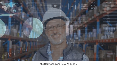 Image of financial graphs and data over caucasian senior male warehouse worker. Business, finance and delivery services concept digitally generated image. - Powered by Shutterstock