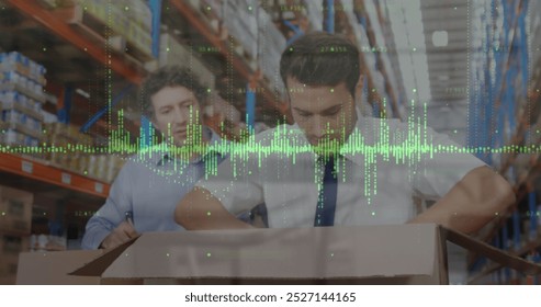 Image of financial graphs and data over caucasian male warehouse workers. Business, finance and delivery services concept digitally generated image. - Powered by Shutterstock