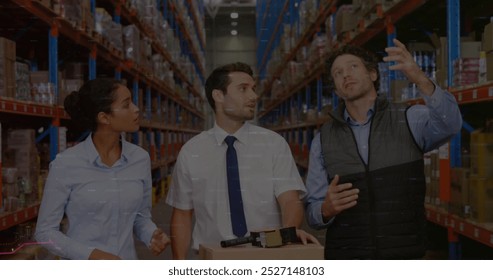 Image of financial graphs and data over diverse female and male warehouse workers. Business, finance and delivery services concept digitally generated image. - Powered by Shutterstock