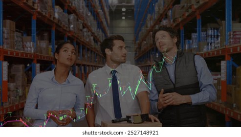 Image of financial graphs and data over diverse female and male warehouse workers. Business, finance and delivery services concept digitally generated image. - Powered by Shutterstock