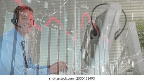 Image of financial graphs and data over caucasian male call center worker. Business, call center, finance, economy and working with technology concept digitally generated image. - Powered by Shutterstock - Get 15% off with code: PIKWIZARD15