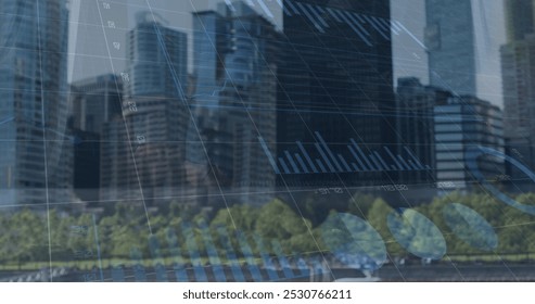Image of financial graphs and data over cityscape. Global finance, economy and business concept digitally generated image.