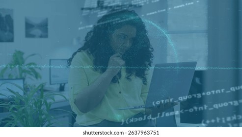 Image of financial graphs, globe and data over woman using laptop in office. Business, finance, economy, data processing and technology concept digitally generated image.