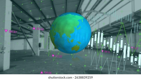 Image of financial graphs and globe over empty hall. Global finance, economy and real estate concept digitally generated image.
