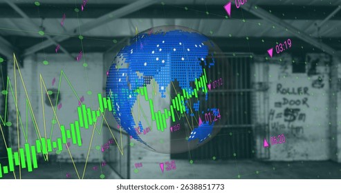 Image of financial graphs and globe over empty hall. Global finance, economy and real estate concept digitally generated image.