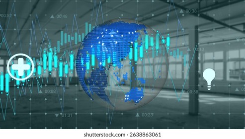 Image of financial graphs and globe over empty hall. Global finance, economy and real estate concept digitally generated image.