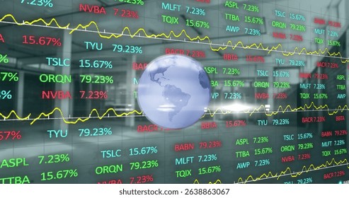 Image of financial graphs and globe over empty hall. Global finance, economy and real estate concept digitally generated image.