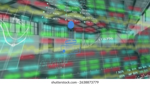 Image of financial graphs and globe over empty hall. Global finance, economy and real estate concept digitally generated image.