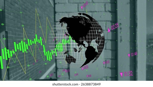Image of financial graphs and globe over building. Global finance, economy and real estate concept digitally generated image.