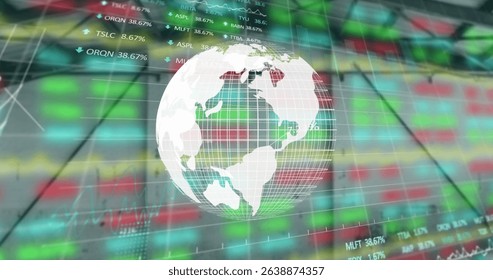 Image of financial graphs and globe over empty hall. Global finance, economy and real estate concept digitally generated image.