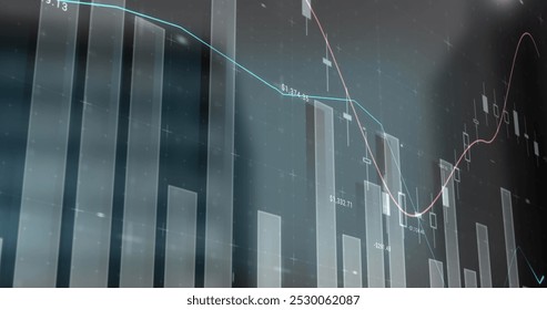Image of financial graphs moving over cityscape. Global trade, finance and economy concept digitally generated image.