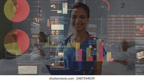 Image of financial graphs over biracial female doctor. health, medicine, finance and economy concept digitally generated image. - Powered by Shutterstock