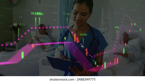 Image of financial graphs over biracial female doctor. health, medicine, finance and economy concept digitally generated image. - Powered by Shutterstock