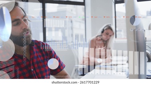 Image of financial graphs over caucasian male consultant in office. data processing, business and technology concept digitally generated image.
