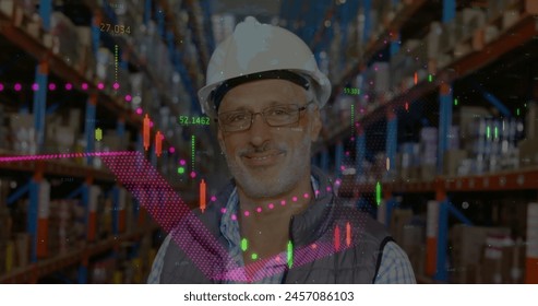 Image of financial graphs over happy senior caucasian male warehouse worker. business, finance and delivery services concept digitally generated image. - Powered by Shutterstock