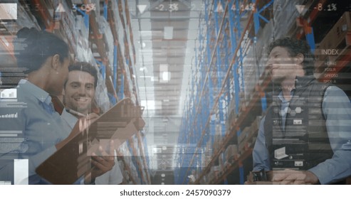 Image of financial graphs over happy diverse female and male warehouse workers clapping hands. business, finance and delivery services concept digitally generated image. - Powered by Shutterstock