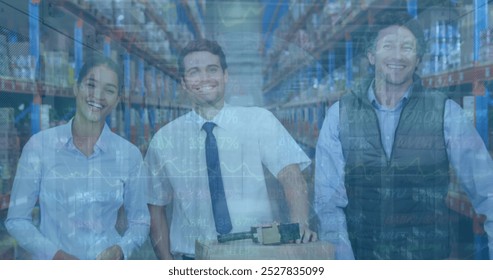 Image of financial graphs over happy diverse female and male warehouse workers. business, finance and delivery services concept digitally generated image. - Powered by Shutterstock