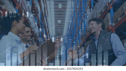 Image of financial graphs over happy diverse female and male warehouse workers. business, finance and delivery services concept digitally generated image. - Powered by Shutterstock