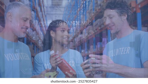 Image of financial graphs over happy diverse female and male warehouse workers with food. business, finance and delivery services concept digitally generated image. - Powered by Shutterstock