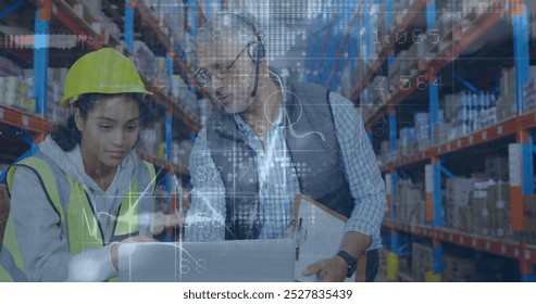 Image of financial graphs over happy diverse male and female warehouse workers with laptop. business, finance and delivery services concept digitally generated image. - Powered by Shutterstock