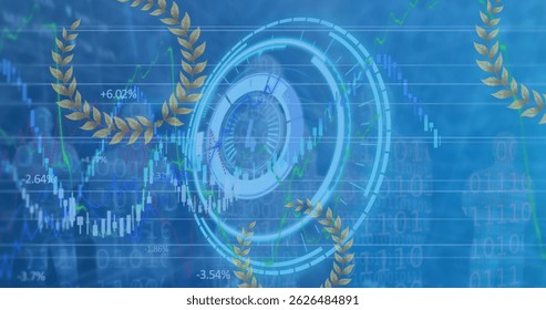 Image of financial graphs over processing circle on blue background. business, finance and economy concept digitally generated image.