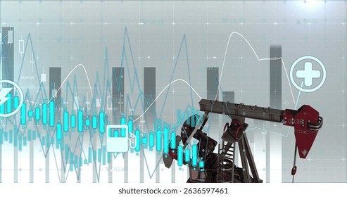 Image of financial graphs over refinery pump. Global business, finances, data processing and digital interface concept digitally generated image.