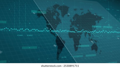 Image of financial graphs over world map on green background. Data processing, digital interface, communication and technology concept digitally generated image.