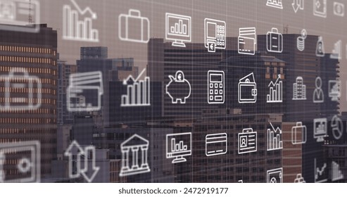 Image of financial icons and data processing over cityscape. Global business, finances, computing and data processing concept digitally generated image. - Powered by Shutterstock - Get 15% off with code: PIKWIZARD15