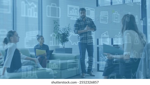 Image of financial icons and data processing over diverse business people in office. Global finance, business, connections, computing and data processing concept digitally generated image.