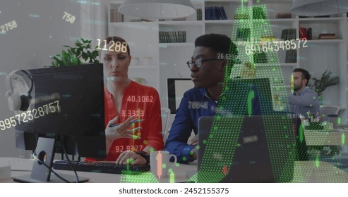 Image of financial market data processing over diverse man and woman discussing at office. Global finance and business technology concept